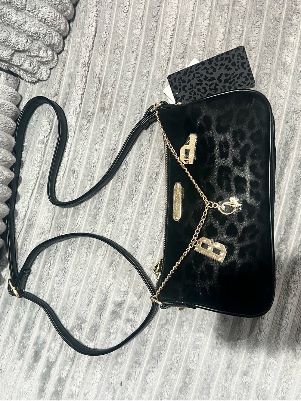 Baby Phat Black Leopard-Print Crossbody with Gold Chain Charm